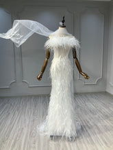 Ostty Feathered Couture Sheath Wedding Dress with Side Cape OST-FR027-25 (Wholesale)